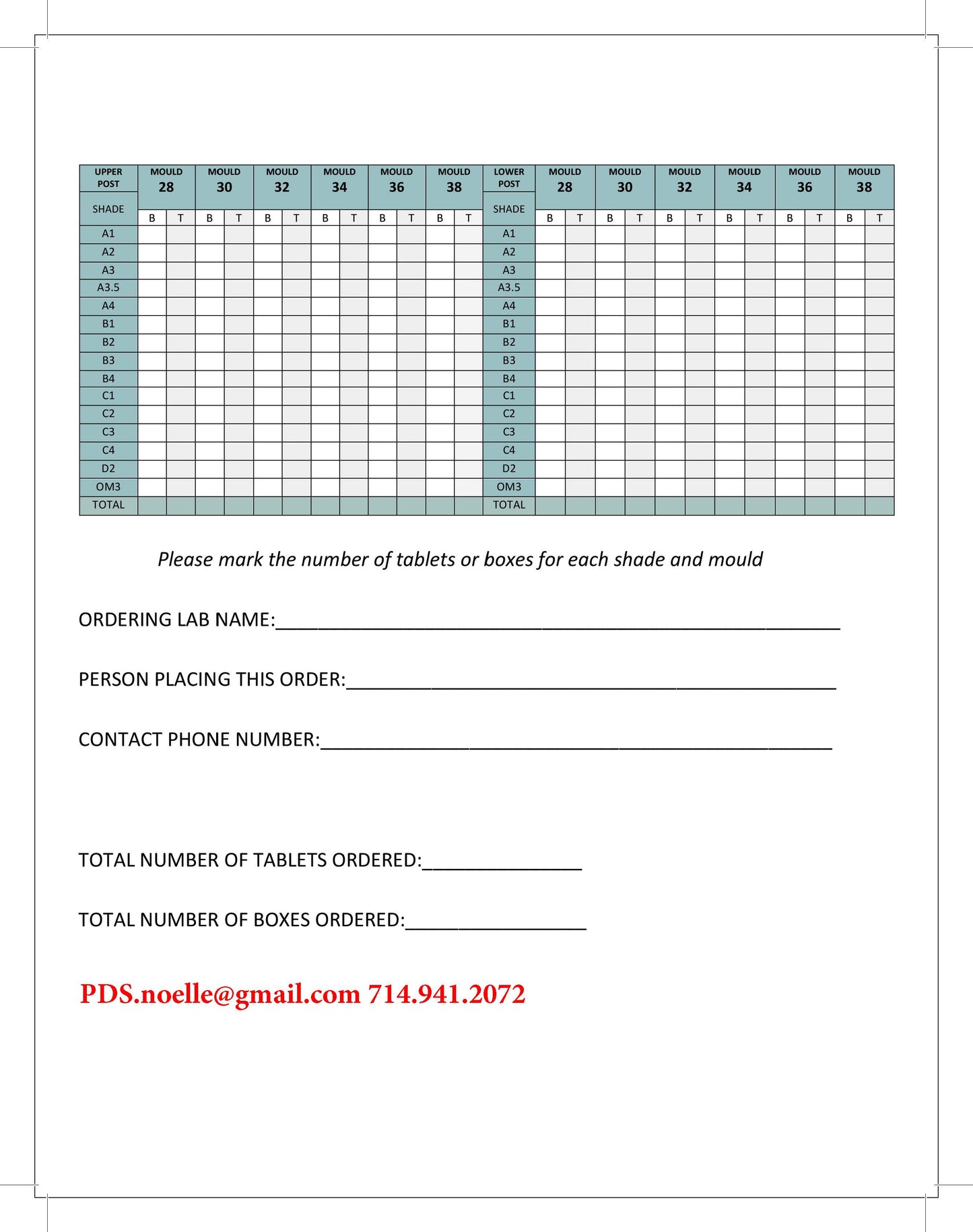 Tooth Order Information